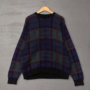 Vintage International Retro Plaid Sweater Navy Green Ramie Grandpa Cotton XL